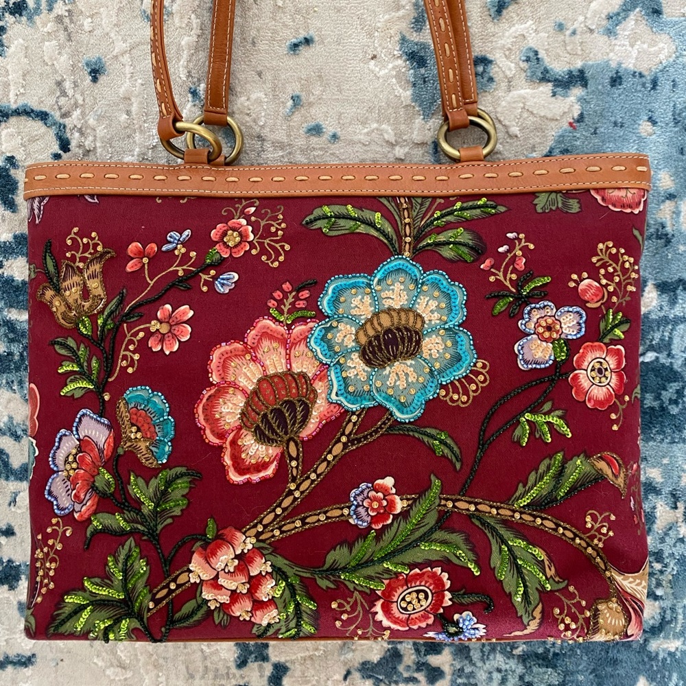 Vintage Isabella Fiore Floral Sequin Beaded Handbag Tote Flowers